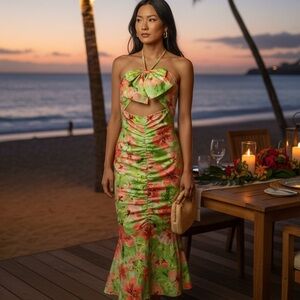 🌸 Ambition Floral Halter Cutout Midi Dress | Bow Front | Ruched | Size S | NEW